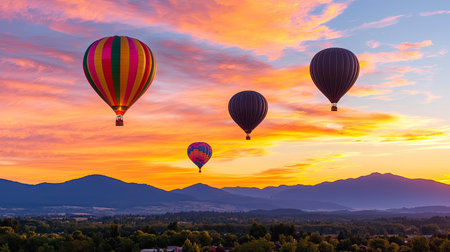 A breathtaking scene featuring colorful hot air balloons soaring in a vibrant sky at sunrise, set against a stunning mountain backdrop.の素材