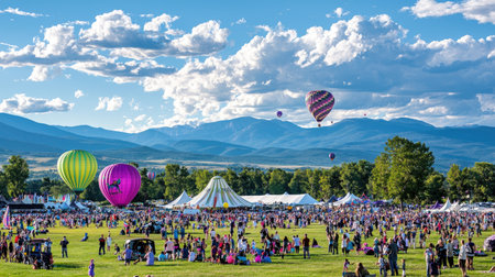 A vibrant outdoor festival featuring colorful hot air balloons soaring in the blue sky over a joyful crowd, surrounded by picturesque mountains and nature.の素材