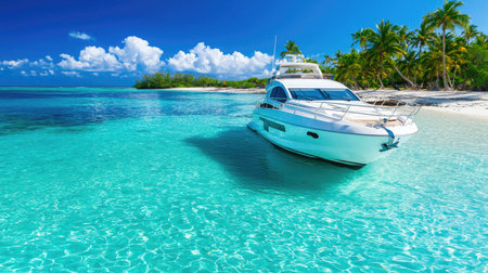 A luxurious yacht rests in serene turquoise waters, surrounded by a stunning tropical landscape with vibrant palm trees and a clear blue sky.の素材