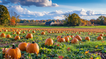 A beautiful autumn scene featuring a pumpkin patch filled with bright orange pumpkins set against a backdrop of a blue sky and colorful trees.の素材