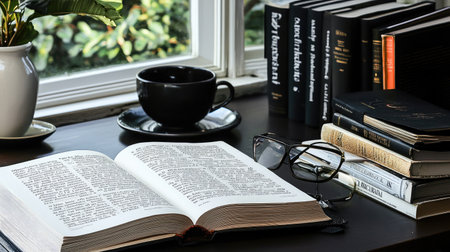 A cozy reading nook featuring an open book on a wooden table, accompanied by a steaming cup of coffee, reading glasses, and shelves filled with books.の素材