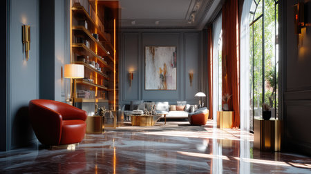 This elegant living room features modern furniture and abundant natural light, showcasing a stylish interior design perfect for relaxation and gatherings.の素材