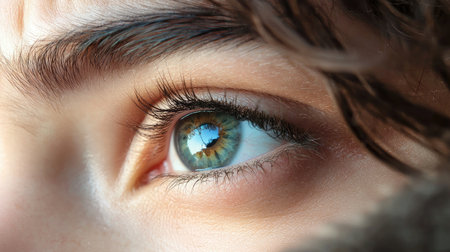 This captivating close-up image showcases a stunning eye with vivid colors and detailed reflections. The intricate patterns and textures highlight the beauty of the eye.の素材