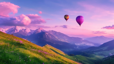 Experience the tranquility of a serene sunrise over a stunning mountain landscape, where colorful hot air balloons drift gracefully through the sky.の素材