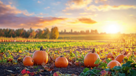 Captivating view of a pumpkin patch during sunset, showcasing vibrant orange pumpkins nestled among lush greenery under a colorful sky, celebrating autumn.の素材