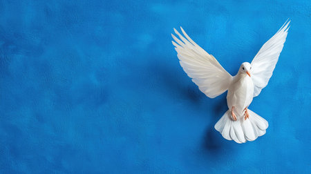 A stunning white dove gracefully flies against a vivid blue backdrop, symbolizing peace and harmony. This vibrant image captures beauty and tranquility.の素材