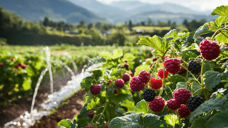 A picturesque view of ripe raspberries glistening in the sunlight with a serene mountain backdrop and a gentle watering system in the vibrant farm field.の素材