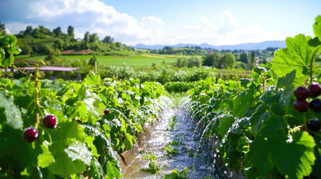 A stunning view of a vineyard in bright sunlight, showcasing lush green grapevines and rolling hills, perfect for illustrating agricultural beauty and serenity.の素材