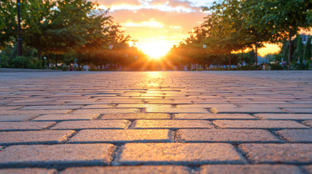 Capture the serene beauty of a sunset over a cobblestone pathway in a park, framed by lush trees, evoking feelings of tranquility and peace.の素材