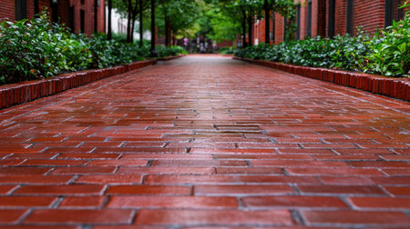 A tranquil pathway captured from a low angle, showcasing wet brick pavement surrounded by lush greenery, creating a serene urban escape.の素材