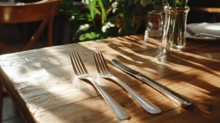 A tranquil dining scene featuring elegant silver cutlery placed on a rustic wooden table bathed in warm sunlight and surrounded by lush greenery.の素材