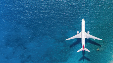 Stunning aerial view of an airplane soaring over a crystal-clear blue ocean, evoking feelings of adventure, travel, and exploration in a tropical paradise.の素材