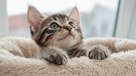This charming image features an adorable tabby kitten relaxing in a soft, cozy bed. Its curious gaze and fluffy fur emphasize tranquility and comfort, creating a warm atmosphere.の素材