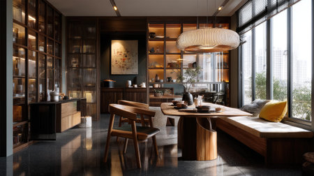 This image showcases a modern minimalist dining room featuring elegant wooden furniture, abundant natural light, and a cozy atmosphere perfect for gatherings.の素材