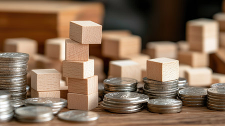 Close-up view of wooden blocks stacked on a table with coins scattered around, symbolizing financial growth and investment tactics in business.の素材