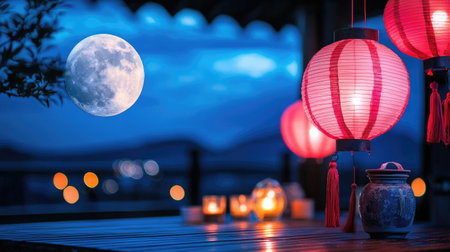 This enchanting night scene showcases vibrant lanterns swaying gently under a full moon, creating a serene atmosphere perfect for relaxation or gatherings.の素材