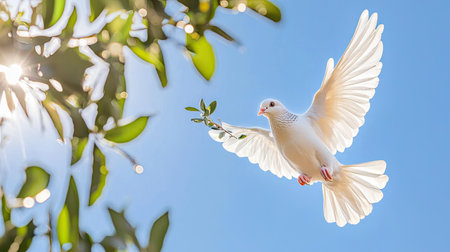 A stunning white dove soars gracefully through a clear blue sky, clutching an olive branch, symbolizing peace and hope. The sunlight enhances the ethereal beauty of this serene scene.の素材