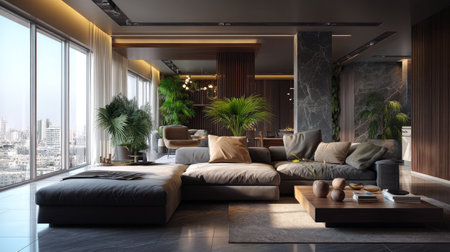 This modern living room showcases a spacious and stylish design with elegant furniture. Large windows invite natural light, revealing a vibrant city view. Lush indoor plants enhance the cozy atmosphere, while warm lighting creates an inviting space. The combination of gray tones and wooden elements reflects contemporary aesthetics, perfect for relaxing and entertaining.の素材