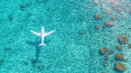 A stunning aerial shot captures a solitary airplane floating above the crystal-clear turquoise waters, revealing vibrant coral reefs below, highlighting serene nature.の素材