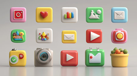 This vibrant collection of 3D icons showcases elements for social media and communication applications, featuring playful designs and creative visuals.の素材