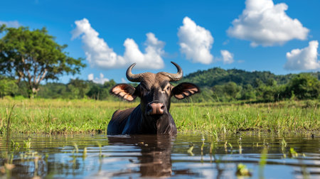 A calm water buffalo enjoys a moment of relaxation in a reflective pool, set against a backdrop of lush greenery and a vibrant blue sky, showcasing nature's beauty.の素材