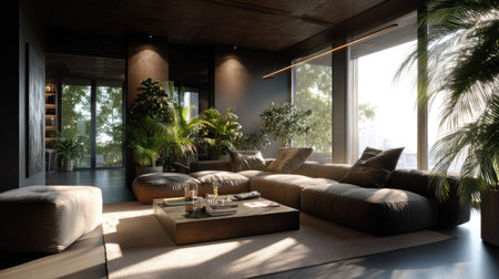 Experience the perfect blend of comfort and style in this cozy living room featuring modern furniture, abundant natural light, and lush indoor plants.の素材