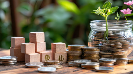 A visual representation of financial growth featuring stacks of coins, wooden blocks, and a green plant in a jar, symbolizing prosperity and investment.の素材