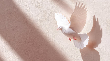 A stunning image of a white dove gracefully soaring through the air, its wings beautifully spread against a soft background, evoking themes of peace and serenity.の素材