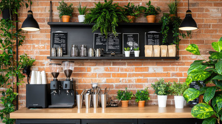 This cozy coffee shop interior features a rustic decor with a brick wall, lush plants, a well-organized shelf, and elegant coffee equipment, creating a warm, inviting atmosphere.の素材
