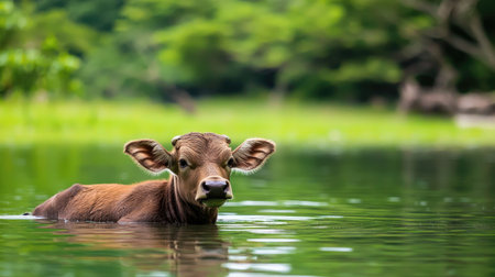 A charming young calf enjoys a refreshing swim in tranquil waters, surrounded by lush greenery. The peaceful scene captures the essence of rural life and nature's beauty.の素材