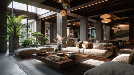 A beautifully designed modern living room featuring minimalist decor, ample natural light, and an inviting atmosphere created through stylish furniture and greenery.の素材