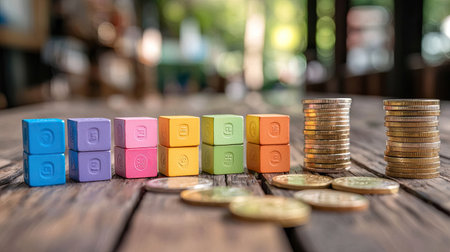 Colorful blocks arranged in a line alongside stacks of coins create a playful scene on a wooden table amid a natural, sunny backdrop.の素材