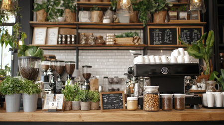 A beautifully designed coffee shop interior featuring lush plants, an espresso machine, and gourmet ingredients displayed on a wooden counter, creating a warm, inviting atmosphere.の素材