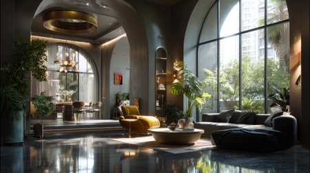 A stunning modern living room featuring large windows that invite natural light, abundant greenery, and contemporary design elements. The space radiates comfort and style.の素材