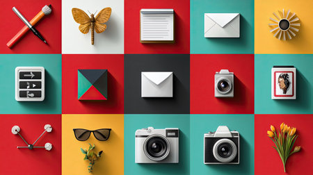 A vibrant flat lay showcasing an eclectic mix of office items, decorative elements, and nature inspired touches laid out against colorful backgrounds, ideal for creative projects.の素材