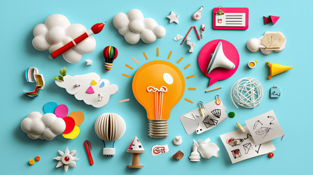 This image features a diverse array of colorful creative elements, including a light bulb, various shapes, clouds, and artistic supplies, set against a blue background.の素材