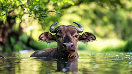 A serene water buffalo gracefully emerges from calm waters, surrounded by lush greenery, capturing the essence of natural wildlife in a tranquil setting.の素材