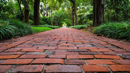 A picturesque view of a serene brick pathway winding through a lush green park, surrounded by tall trees and vibrant foliage, inviting visitors to explore.の素材