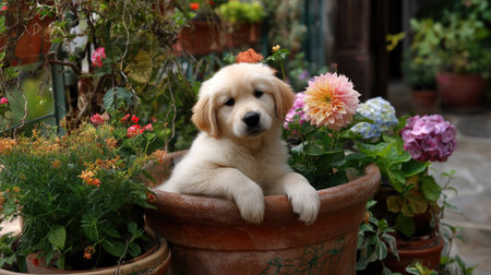 A charming golden retriever puppy comfortably nestled in a flower pot, surrounded by vibrant blooms, showcasing innocence and outdoor joy in a serene garden.の素材