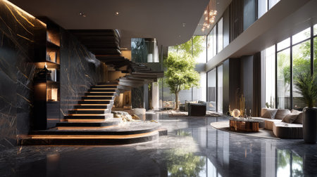 Stunning modern interior showcasing a spiral staircase, abundant natural light, and stylish furniture, creating a cozy yet luxurious atmosphere perfect for relaxation.の素材