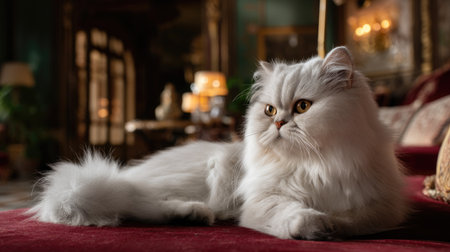 A stunning white Persian cat rests gracefully on a plush surface in a vintage room filled with elegant decor and warm lighting. The serene atmosphere captures the beauty and charming personality of this beloved pet.の素材