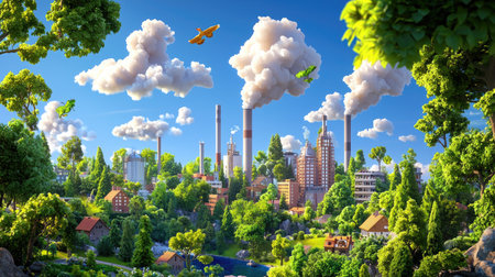 A stunning illustration of a lively city blending nature and industry, showcasing lush greenery, clouds, and smokestacks under a bright sky, emphasizing harmony.の素材