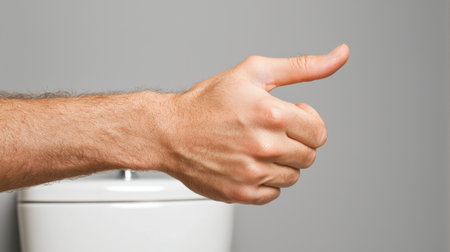 A close-up view of a hand giving a thumbs up gesture in a bathroom, highlighting positivity and approval in a relaxed setting. Ideal for lifestyle themes.の素材
