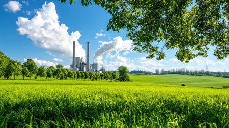 Captivating view of an industrial power plant juxtaposed with vibrant green fields and a bright blue sky, symbolizing energy and natureの素材