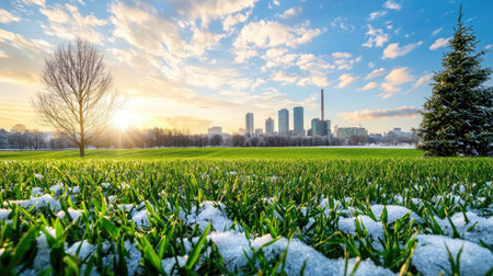 Captivating winter scene showcasing vibrant green grass with patches of snow beneath a stunning city skyline at sunset, radiating warmth and tranquility.の素材