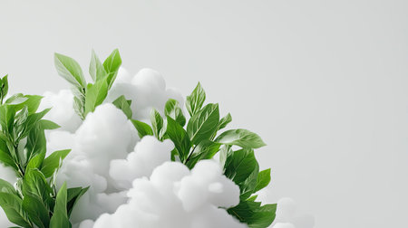 Lush green leaves rise gracefully from soft, white clouds against a minimalist background, symbolizing freshness and vitality in nature's embrace.の素材