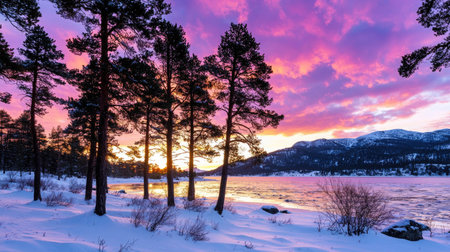 A stunning winter scene featuring a colorful sunset over a snowy lake, framed by tall pine trees. The vibrant hues reflect on the calm water, creating a peaceful atmosphere.の素材