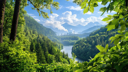 A picturesque landscape featuring a vibrant green forest, a calm river winding through the valley, and majestic mountains in the background under a clear sky.の素材