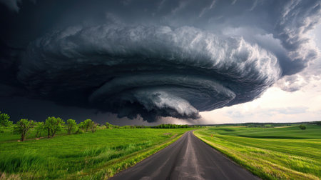An awe-inspiring storm cloud looms over a peaceful country road, showcasing nature's fury against a backdrop of lush green fields and hills.の素材