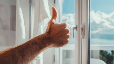 A hand showing a thumbs up reflects a positive attitude while leaning against a clear window in a modern indoor setting, creating a bright, cheerful atmosphere.の素材